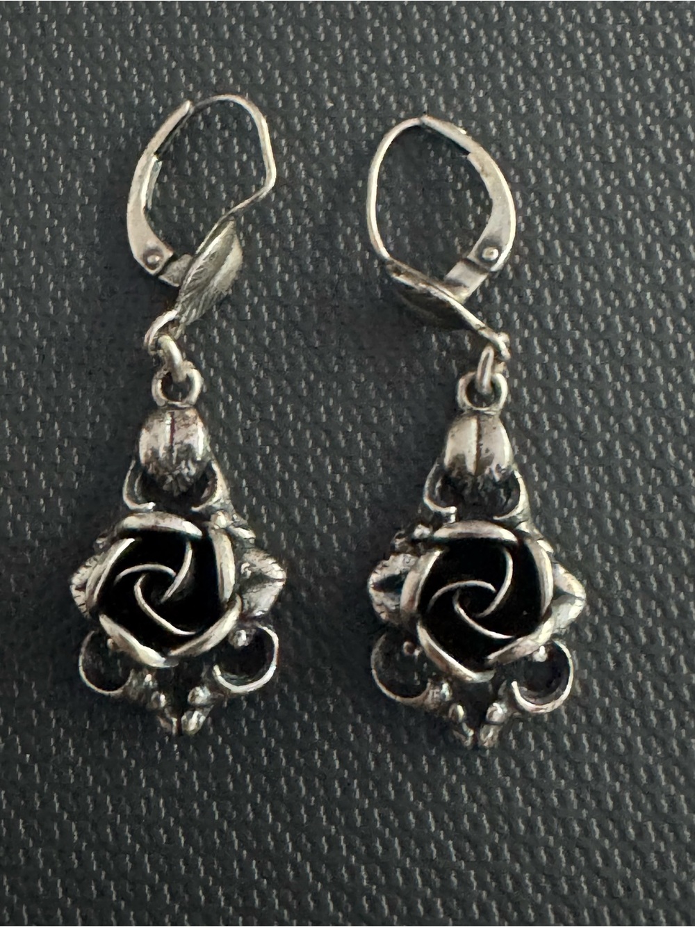 Stamped 925 vintage inspired Rose Dangle Earrings stamped Greek letter Delta